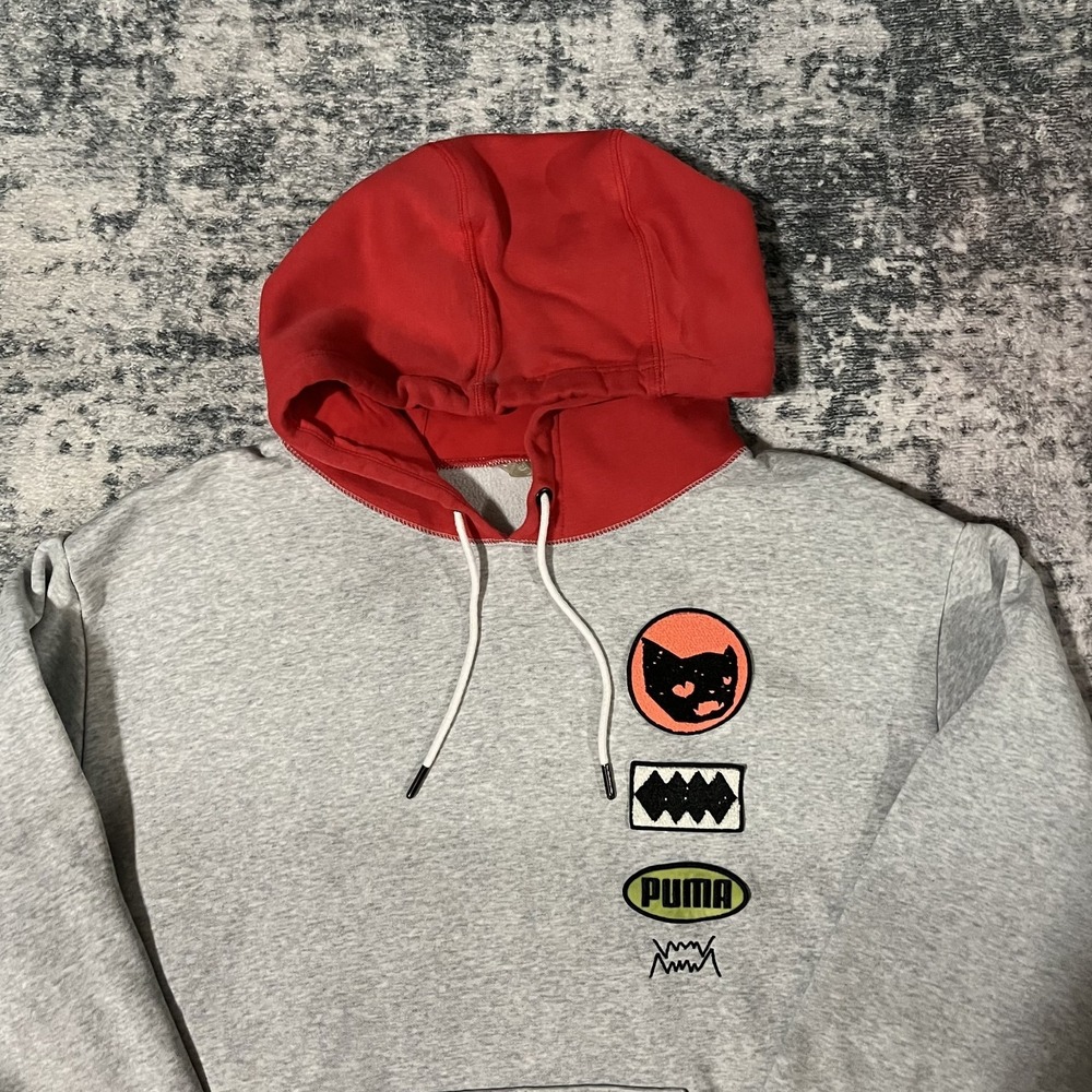 Puma Men's Playbook Hoodie Don't Flinch Pullover Patch Red Hood Pocket L XL ? - Picture 3 of 9
